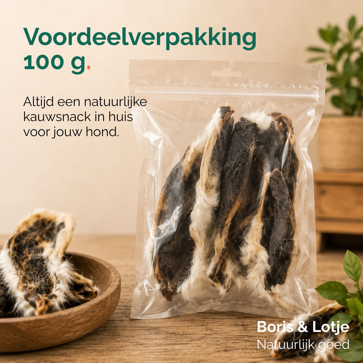 Konijnenoren met vacht 100 gram