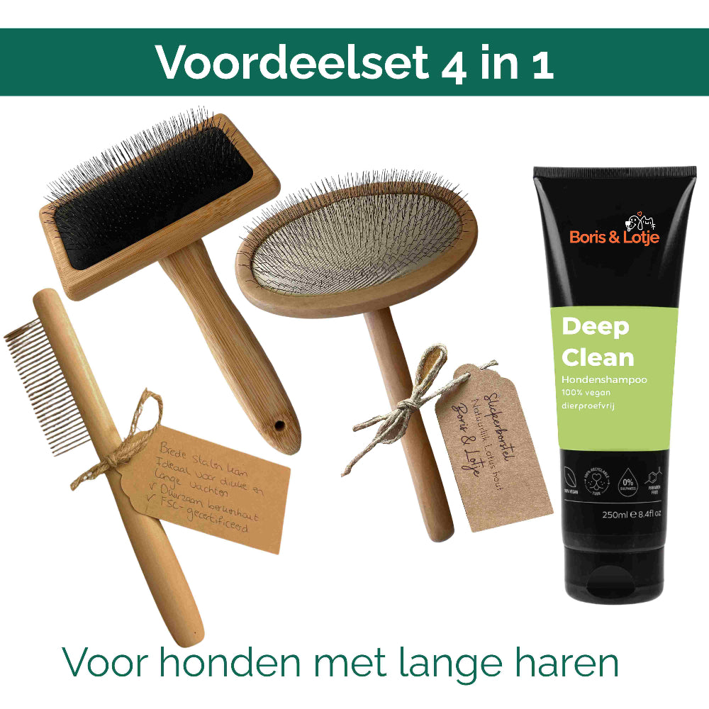 Lange Vacht Verzorgingspakket Middelgrote Hond 10 tot 25 kg – Borstel, Slicker, Kam & Shampoo