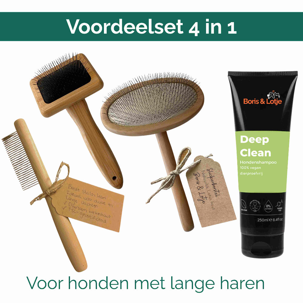 Lange Vacht Verzorgingspakket Kleine Hond tot 10 kg – Borstel, Slicker, Kam & Shampoo