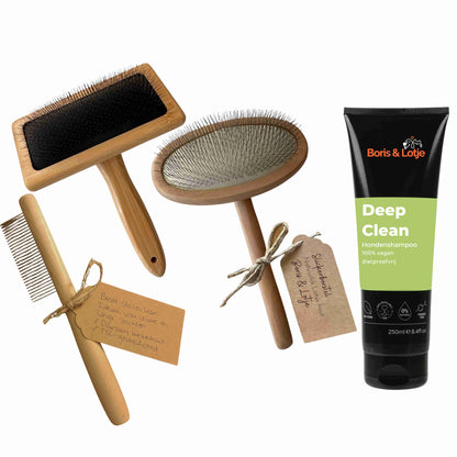 Lange Vacht Verzorgingspakket Middelgrote Hond 10 tot 25 kg – Borstel, Slicker, Kam & Shampoo