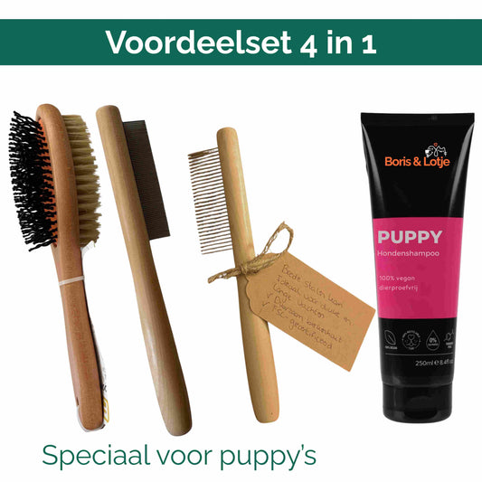 Puppy Verzorgingspakket – Hondenborstel, 2 Kammen & Puppy Hondenshampoo